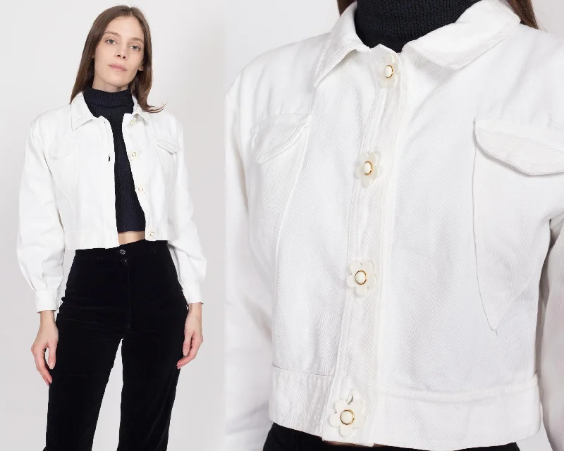 Small 90s White Flower Button Cropped Denim Jacket Denim Fabric Leather Fabric Suede Fabric Small 90s White Flower Button Cropped Denim Jacket Denim Fabric Leather Fabric Suede Fabric