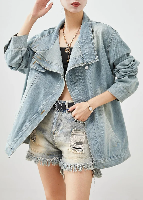 Stylish Light Blue Asymmetrical Denim Jackets Fall Front Pockets Side Pockets Patch Pockets Stylish Light Blue Asymmetrical Denim Jackets Fall Front Pockets Side Pockets Patch Pockets