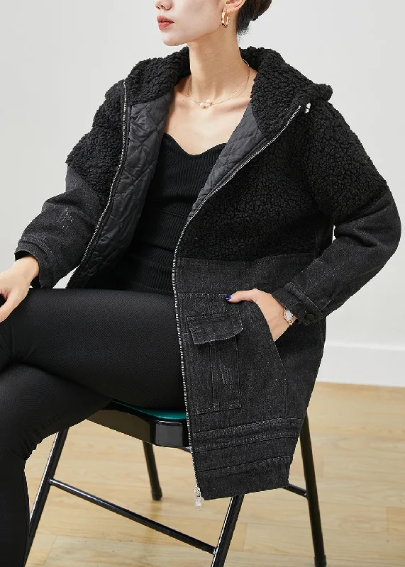 Unique Black Hooded Patchwork Woolen Denim Fine Cotton Filled Jackets Winter Mesh Jacket Canvas Jacket Denim Jacket Unique Black Hooded Patchwork Woolen Denim Fine Cotton Filled Jackets Winter Mesh Jacket Canvas Jacket Denim Jacket