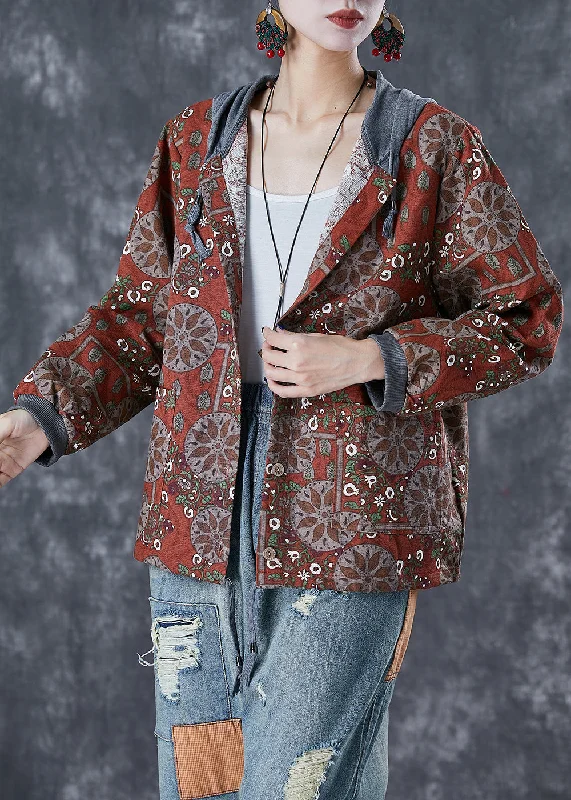 Women Orange Red Hooded Print Cotton Jacket Fall Jersey Jacket Tulle Jacket Batik Jacket Women Orange Red Hooded Print Cotton Jacket Fall Jersey Jacket Tulle Jacket Batik Jacket