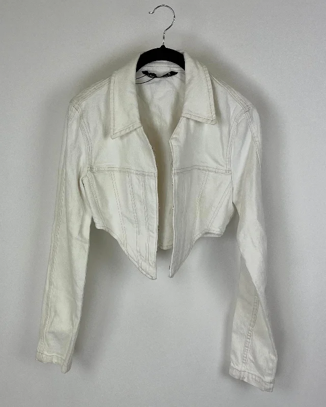 Zara Cream Denim Cropped Jacket - Small Elasticated Jacket Padded Jacket Insulated Jacket Zara Cream Denim Cropped Jacket - Small Elasticated Jacket Padded Jacket Insulated Jacket