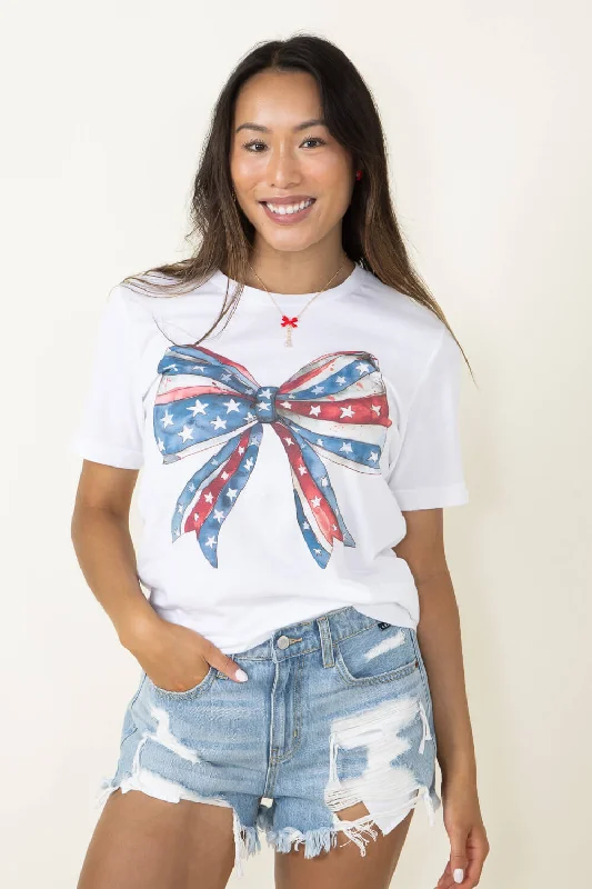 Americana Bow Graphic T-Shirt for Women in White | 11931X-TS-WHITE Spandex Blend Rayon Blend Denim Blend