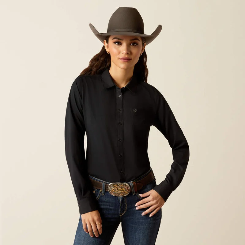 Ariat Women's Kirby Pro L/S Western Button Down Shirt in Solid Black Nylon Fabric Polyester Fabric Spandex Fabric