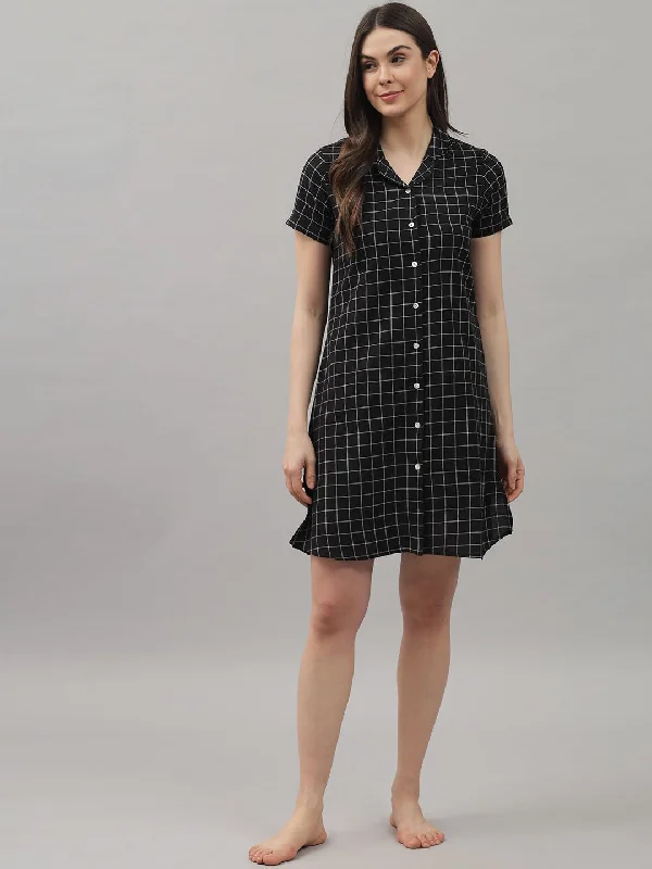 Black and White Check Knee Length Rayon Sleep Shirt by Shararat Thin T-Shirt Open Front Quick Dry