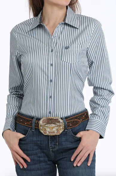 Cinch Women's Blue Stripe Button Long Sleeve Western Shirt MSW9164230 Zippered Front Buttoned Front Snap Front