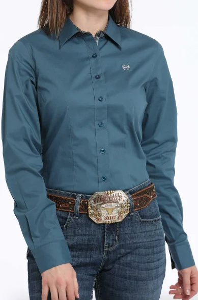 Cinch Women's Teal Solid Button Long Sleeve Western Shirt MSW9165060 Fleece Nylon Spandex