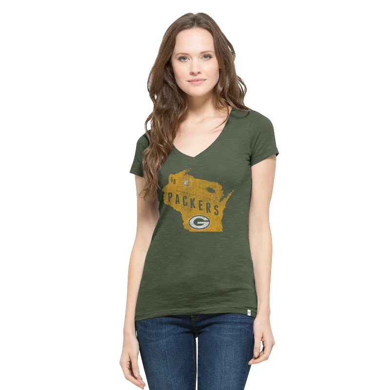 Green Bay Packers Bottle Green Women's V-Neck Scrum Tee Collared Crew Neck Turtle Neck