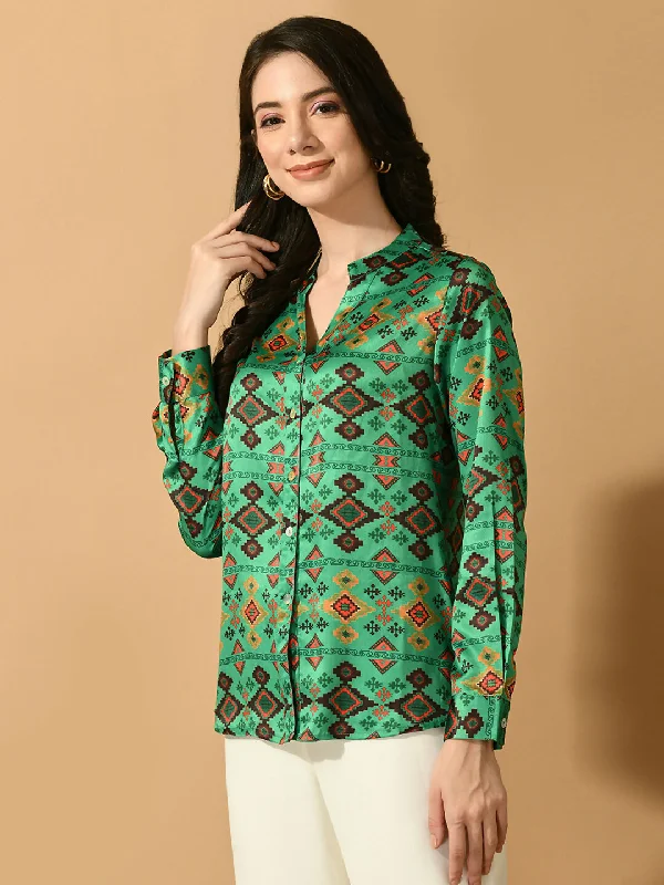 Myshka Women's Multi Satin Printed Smart Shirt Handmade Hand-knitted Hand-woven