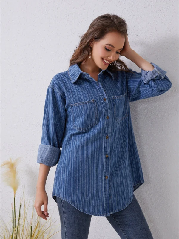 Pocketed Striped Button Up Denim Shirt Silk Blend Satin Velvet