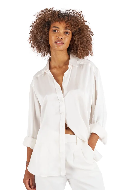 Soie White Oversized 100% Silk Shirt Collared Crew Neck Turtle Neck