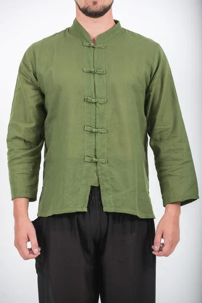 Unisex Long Sleeve Cotton Yoga Shirt with Chinese Collar in Olive Welt Pockets Slit Pockets Flap Pockets