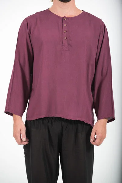 Unisex Long Sleeve Cotton Yoga Shirt with Coconut Shell Buttons in Dark Purple Welt Pockets Slit Pockets Flap Pockets