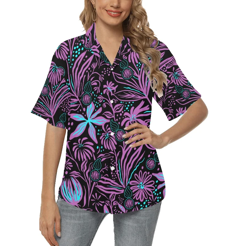 USAF AMMO Purple Teal Neon Flowers Pisspots AMMO Logo Womens Hawaiian Shirt Satin Fabric Silk Fabric Chiffon Fabric