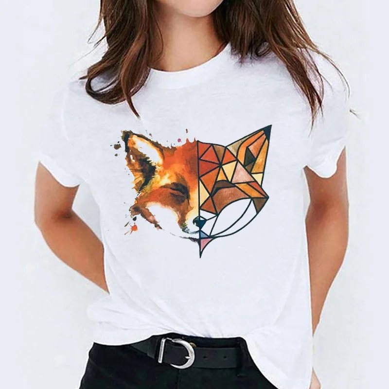 Women Dog Fox Watercolor Pet Funny Fashion Ladies Tops Graphic Womens Tees Female Camisas Lady T-Shirt Harajuku T Shirt T-shirts Hooded Caped Shawl Collar