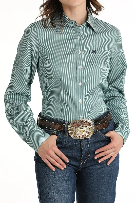 Women's Cinch MSW9164224 TENCEL Teal Button Down Western Shirt Notch Collar Peter Pan Collar Cowl Neck