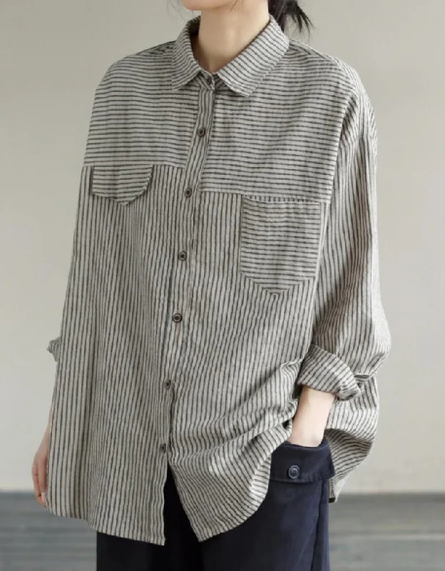 Women's Loose Casual Striped Long-sleeved Shirt Spandex Blend Rayon Blend Denim Blend