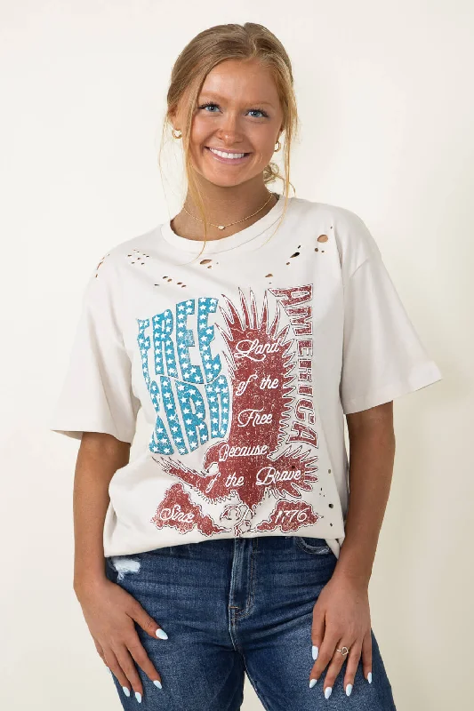 Free Bird America Graphic T-Shirt for Women in Khaki | F525-2282-LTKHAKI Cashmere Blend Cotton Blend Poly Blend