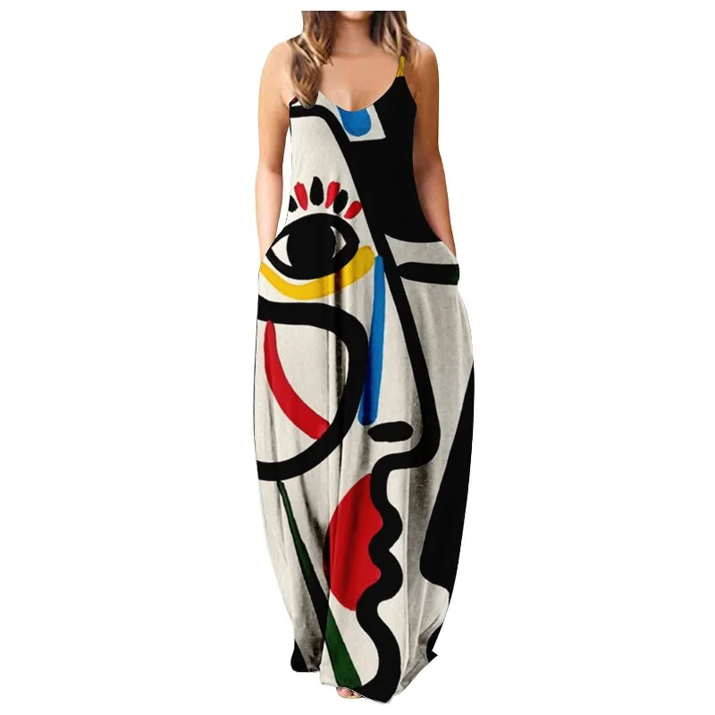 Abstract Canvas Loose Maxi Dress Trendy Maxi Dress with Belt