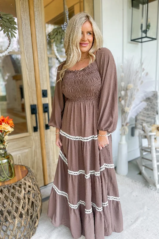 Adam Long Sleeve Smocked Lace Detail Tiered Maxi Dress Trendy Short Sleeve Maxi Dress