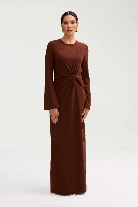 Aissia Ribbed Twist Front Maxi Dress - Chocolate Fashionable Layered Maxi Dress