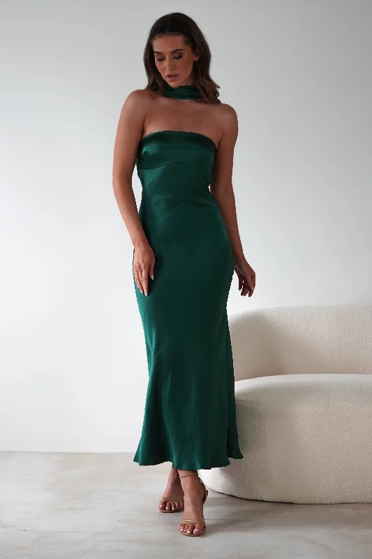 Alice Soft Satin Maxi Dress | Emerald Green Stylish Long Sleeve Maxi Dress