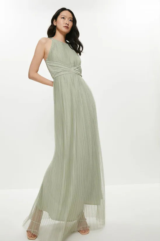 All Over Pleated Bridesmaid Maxi Dress Elegant Maxi Dress with Ruffles