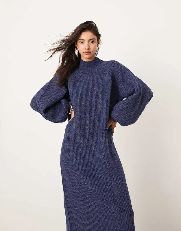 Chunky high neck knitted maxi dress in navy Stylish Boho Maxi Dress