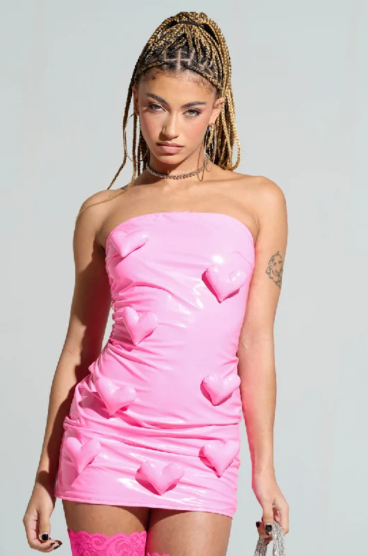 BARBIE DREAMS FAUX LEATHER MINI DRESS IN PINK Elegant Vintage Mini Dress