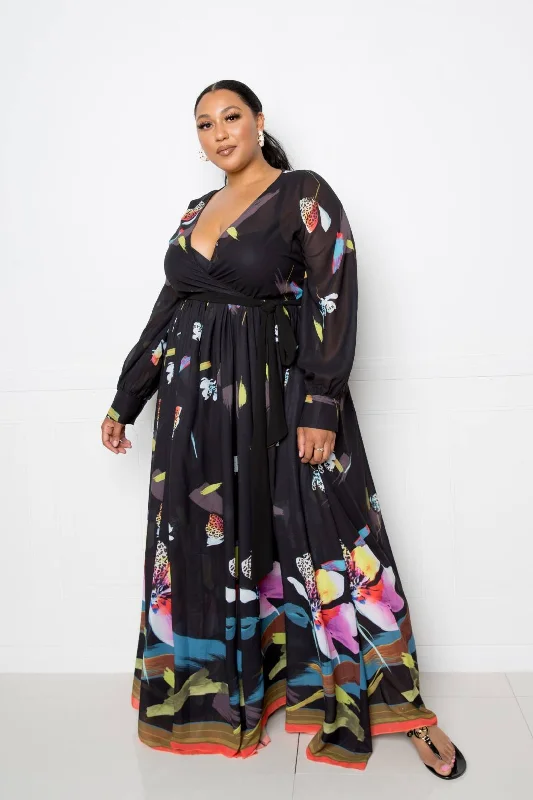 Tropical Print Maxi Dress Cozy Ruffle Sleeve Maxi Dress