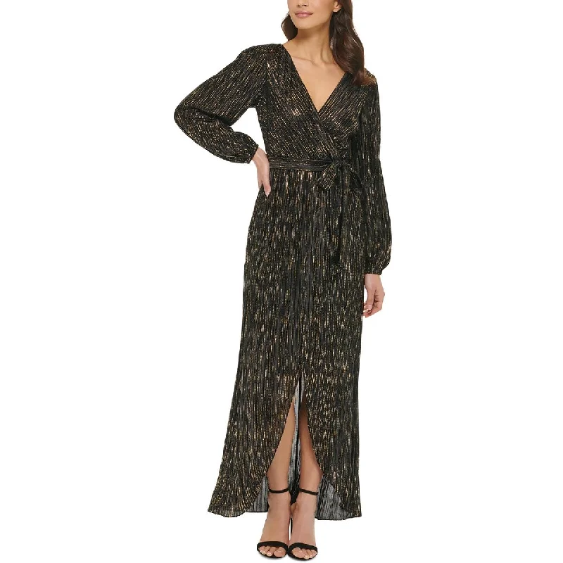 Womens Metallic Faux Wrap Maxi Dress Stylish V-Neck Maxi Dress