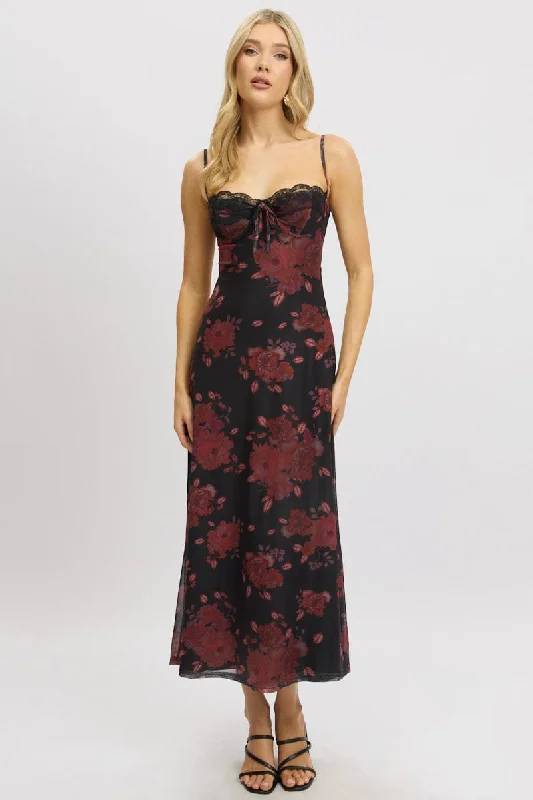 Black Floral Maxi Dress Back Tie Mesh Stylish Maxi Dress with Frills