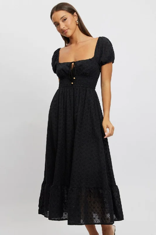 Black Maxi Dress Puff Sleeve Eyelet Fabric Stylish Boho Chic Maxi Dress