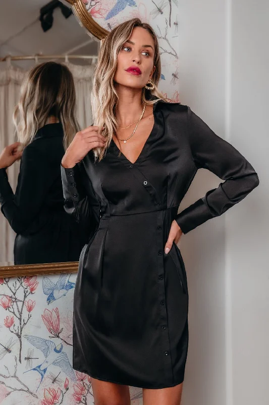 Black V Neck Satin Mini Dress Comfortable Casual Mini Dress