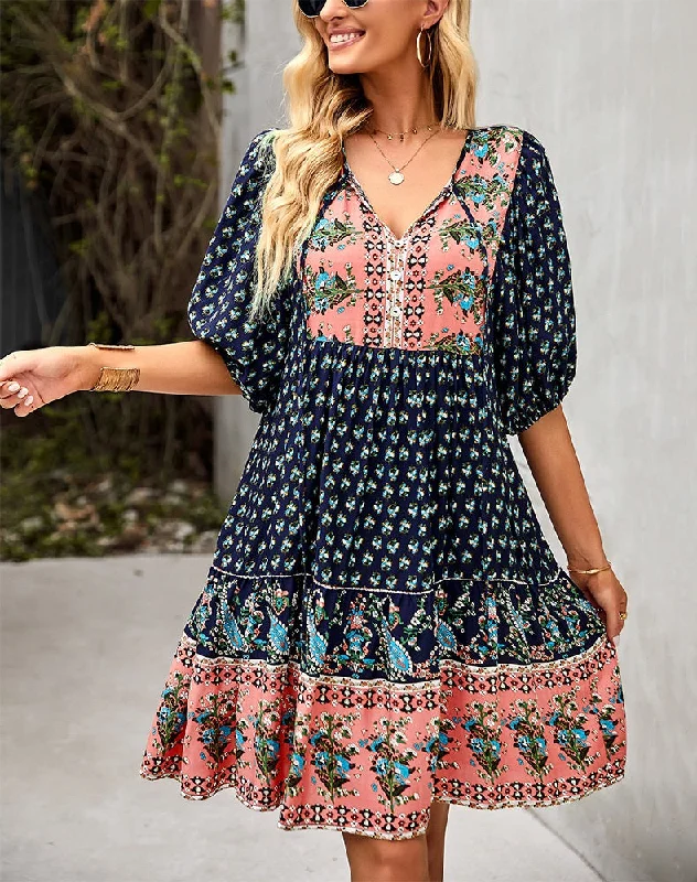 SALE - Dark Navy Peach Floral Print Puffed Sleeve Mini Dress (Size S and M ) Stylish Summer Mini Dress