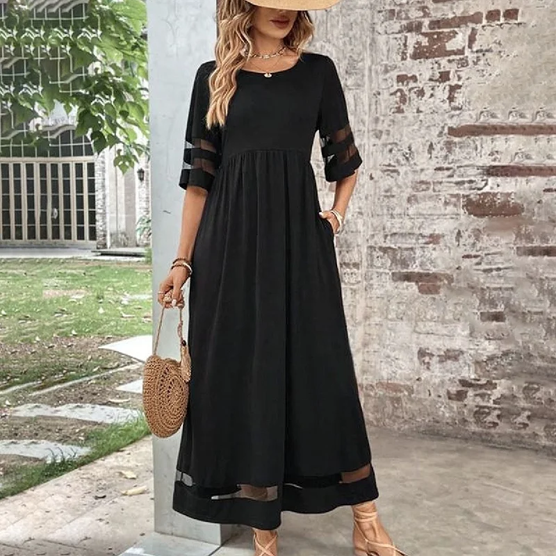 Cool Plain Black 3/4 Sleeve Maxi Dress Fashionable Faux Wrap Maxi Dress