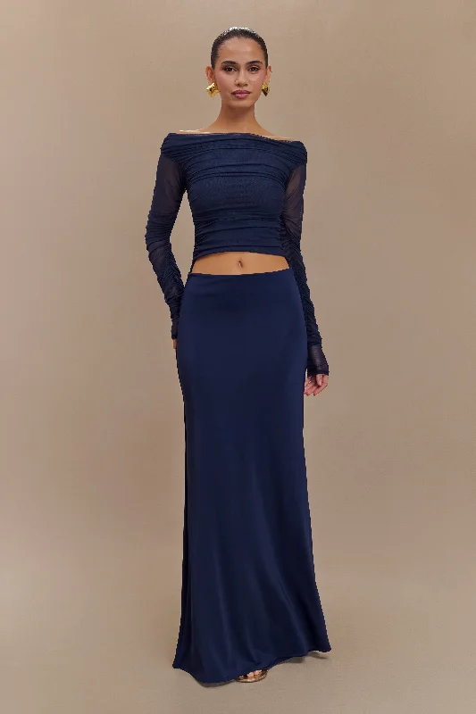 Darla Mesh And Slinky Off Shoulder Maxi Dress - Dark Navy Comfortable Fitted Maxi Dress