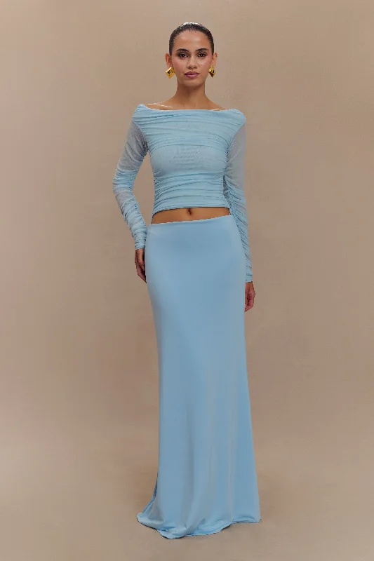 Darla Mesh And Slinky Off Shoulder Maxi Dress - Sky Blue Cozy Spaghetti Strap Maxi Dress