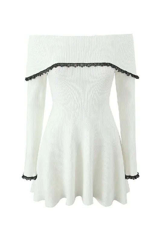 Elegant Contrast Lace Foldover Off Shoulder Ribbed Knit Sweater Mini Dress Casual Button-Up Mini Dress Elegant Contrast Lace Foldover Off Shoulder Ribbed Knit Sweater Mini Dress Casual Button-Up Mini Dress