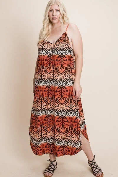 Plus Size Tie Dye Ombre Damask Print Anna Print Cami Maxi Dress Elegant Maxi Dress with Drapes