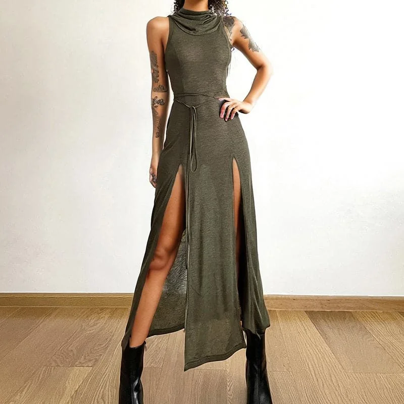 Hoodie sleeveless slit hollow out self tie cowl neck cut out maxi dress Chic Button-Up Maxi Dress