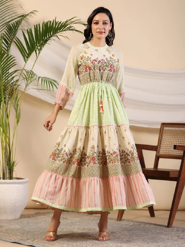 Jashvi Green Wonderland Cotton & Chiffon Floral Printed Tiered Maxi Dress With Lace & 3D Handwork Trendy A-Line Maxi Dress