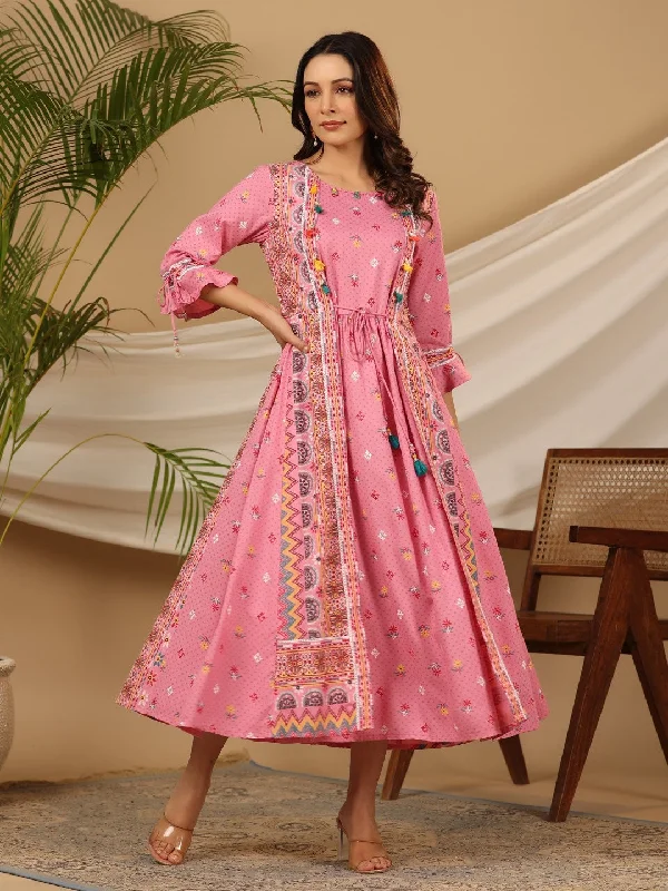 Jashvi The Banjara Pink Rayon Ethnic Motif Printed Layered Maxi Dress With 3D Handwork & Tie-Ups Trendy Off-Shoulder Ruffle Maxi Dress