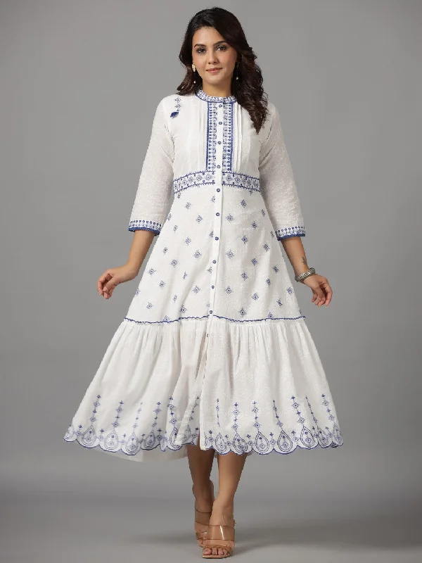 Jashvi White & Blue Cotton Dobby Ethnic Motif Embroidered Tiered Maxi Dress Cozy Longline Maxi Dress