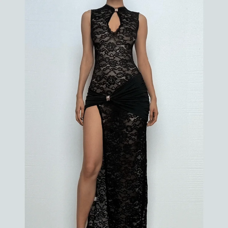 Lace ruched see through hollow out high slit cut out maxi dress Stylish A-Line Maxi Dress