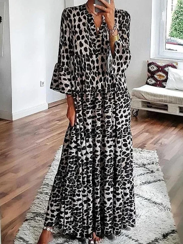 Leopard Printed V-Neck 3/4 Sleeve Loose Maxi Dress Elegant Floral Maxi Dress