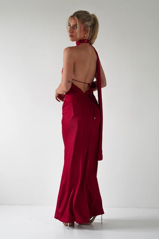 Lexi Backless Maxi Dress | Dark Red Comfortable Ruffle Maxi Dress