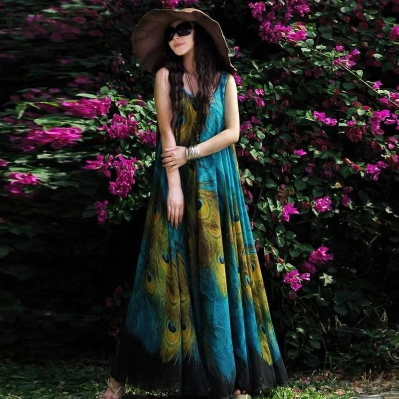 Blue Peacock Chiffon Boho Maxi Dress Fashionable Faux Wrap Maxi Dress