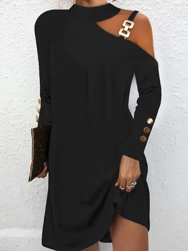 Long Sleeves Loose Asymmetric Buckle Buttoned Hollow One-Shoulder Mini Dresses Stylish Puff Sleeve Mini Dress Long Sleeves Loose Asymmetric Buckle Buttoned Hollow One-Shoulder Mini Dresses Stylish Puff Sleeve Mini Dress