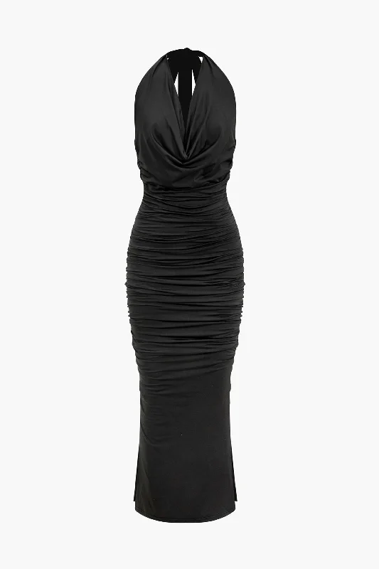 Draped Cowl Neck Sleeveless Maxi Dress Elegant Pleated Maxi Dress