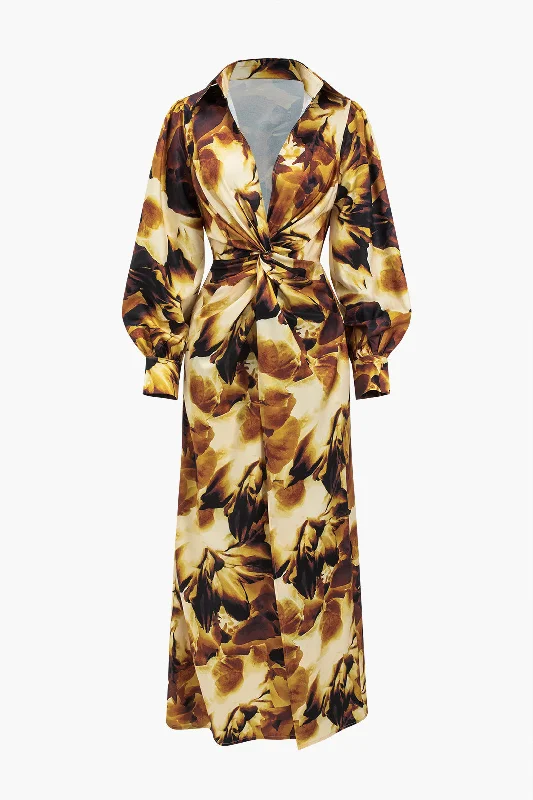 Floral Print Twist Knot Slit V-Neck Maxi Dress Fashionable Layered Maxi Dress